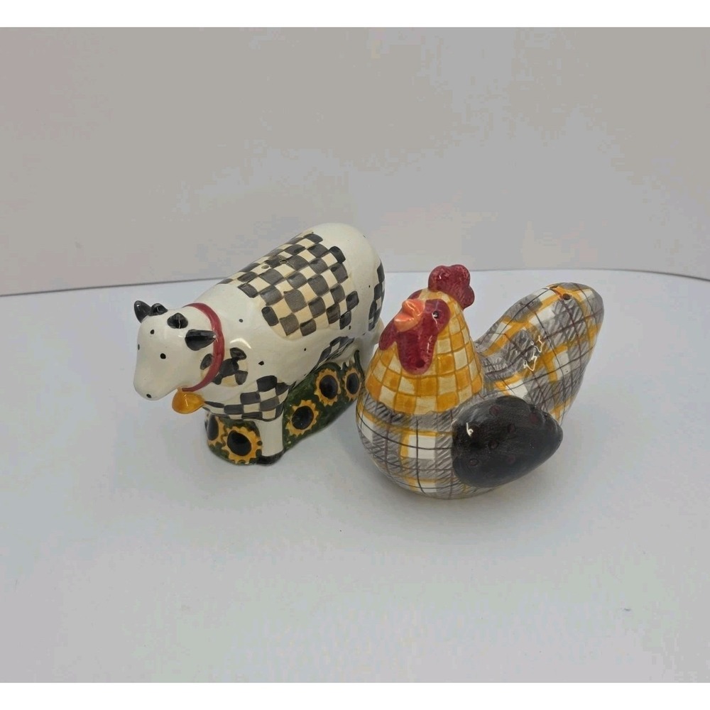 Debbie Mumm Sakura Cow Chicken Salt Pepper Shakers Farm Country Kitchen Set NOTE